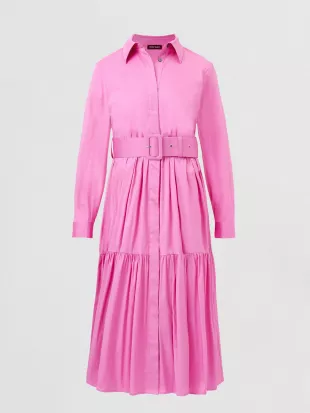 Tiered Cotton Blend Shirt Dress With Belt