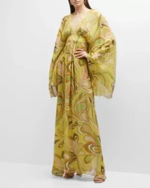 Sydney Bell-Sleeve Silk Empire Maxi Dress