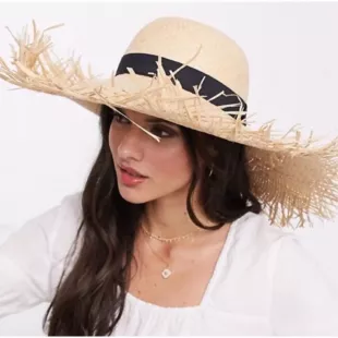Oversized Raw Edge Fringed Sun Floppy Hat
