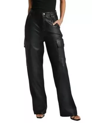Women's Faux Leather Cargo Pants High Waisted Straight Wide Leg Y2K Pants with 4 Pockets