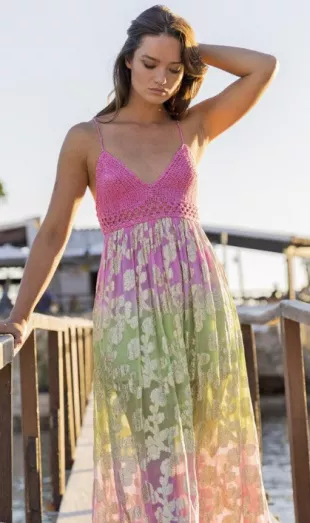 Crochet Bust Maxi Dress Marley In Ombre Pink & Green