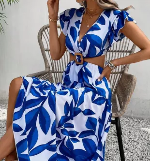 Leaf Print Butterfly Sleeve Dress Without Belt