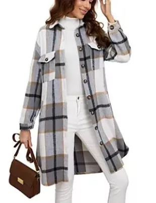 Esmeling Womens Plaid Shacket Brushed Flannel Shirt Jacket Mid Long Wool Blend Tartan Coat