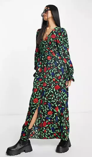 Button Down V Neck Long Sleeve Dress In Multi