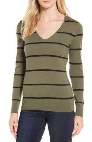 Signature Stripe Cashmere Olive Green Sweater