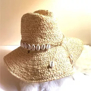 Floppy Plaited Boho Western Straw Hat Cowrie Shells Wide Brim