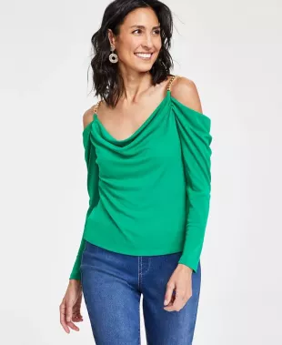 Petite Chain-Strap Off-The-Shoulder Top