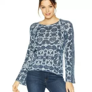 Damask Floral Knit Sweater Blue Sz XS