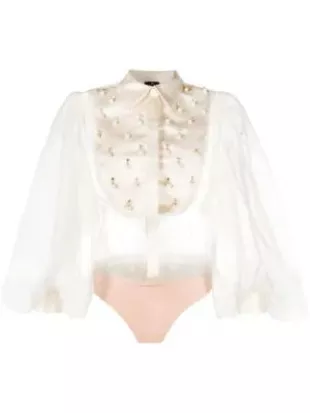 Faux-Pearl Detail Organza Bodysuit