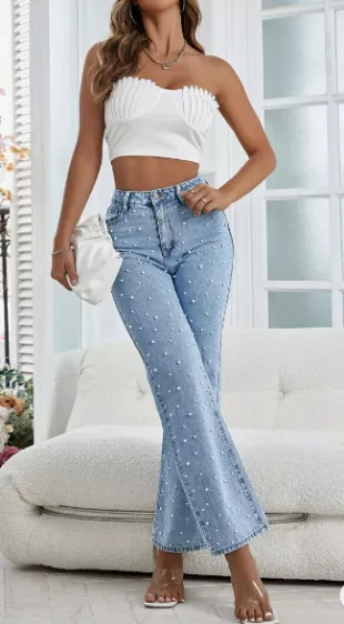 Pearls Beaded Flare Leg Jeans