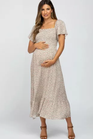 Pink Blush Maternity - Ivory Floral Smocked Maternity Maxi Dress Pink Blush Maternity - Ivory Floral Smocked Maternity Maxi Dress