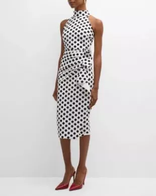Polka-Dot Ruffle Mock-Neck Midi Dress
