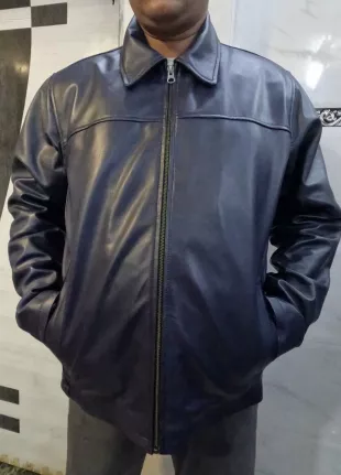 Lambkin Navy Blue Leather Biker Jacket