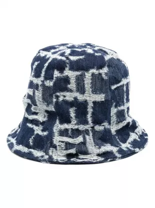 Blue Check-Ripped Bucket Hat