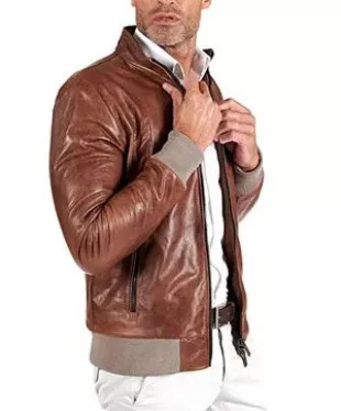 Bomber Veste Cuir Naturel Marron Foncé Homme Cuir Véritable Made in Italy 106