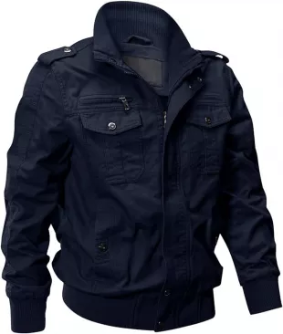 Men's Cotton Lightweight Multi Pockets Zip Front Stand Collar Military Jackets Windbreaker