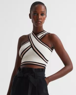 Darla Knitted Halter Neck Colourblock Crop Top In Ivory