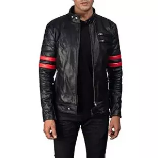 Veste de motard en cuir véritable pour homme - Rayures rouges - Fermeture éclair - Style rétro - Décontracté - Noir