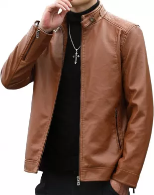 Mens Casual Stand Collar Faux Leather Jacket Biker Motorcycle Jackets