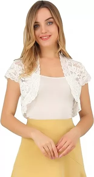 Elegant Short Sleeve Sheer Floral Lace Shrug Top