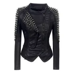 New Punk Rivet faux leather PU Jacket Women fashion Biker Jacket Black Slim Fit Streetwear Coat (M.Black)