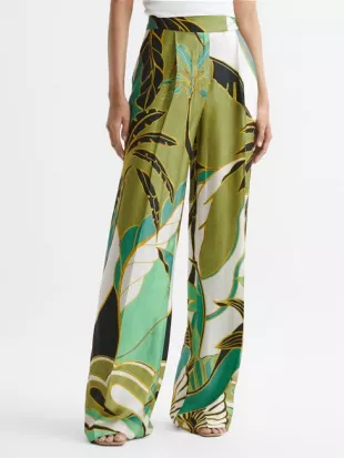 Green Print Luna Wide Leg Mid Rise Printed Trousers