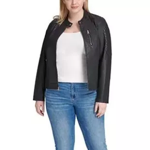 Women's Faux Leather Motocross Racer Jacket (Standard and Plus), Black, Large