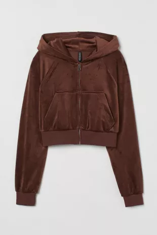 Cropped velour hoodie - Long sleeve - Cropped - Brown