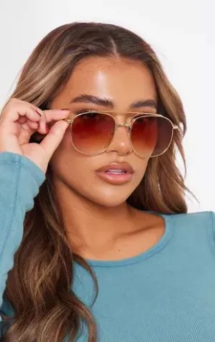 prettylittlething - Gold Frame Brown Ombre Lens Aviator Sunglasses