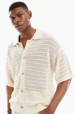 Chemise boutonnée oversize en maille crochetée-Neutral