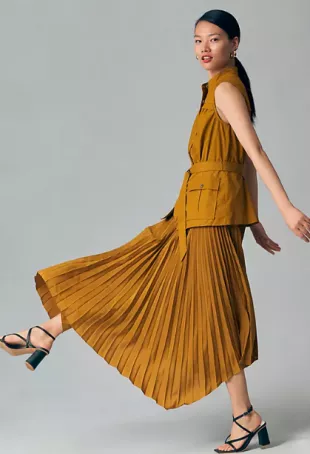 Anthropologie - Sleeveless Vested Pleated Midi Dress