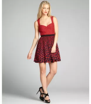 Red Sleeveless Polka Dot And Heart Print Day Dress