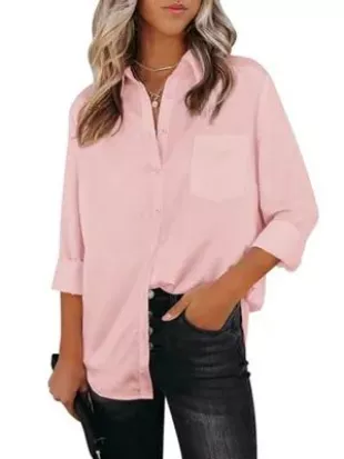 Womens Button Down Shirts Dress Shirts Long Sleeve Wrinkle Free Collar Blouses V Neck Work Office Tunic Chiffon Tops-Light Pink L