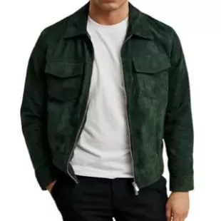 Vintage Trucker Western Style Cowboy Green 100% Pure Premium Suede Leather Biker Bomber Jacket (US, Alpha, XX-Small, Regular, Regular, Green)
