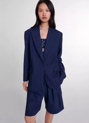 Veste de tailleur droite en laine mélangée | Rayé