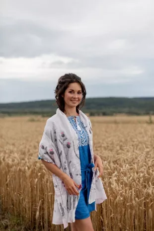 Oversized linen white embroidered Ukrainian shawl, Linen scarf lightweight with pink flowers, Travel wrap, Evening infinity scarf, Mom gift