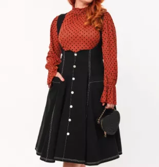 Black Denim Button Suspender Swing Skirt