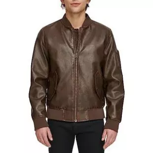 Men's Faux Leather Varsity Bomber Jacket, Brown Pebbled