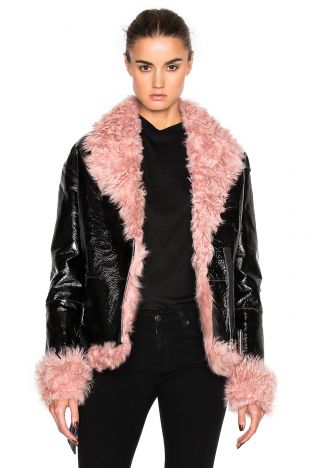 Sandy Liang Bowery Coat With Lamb Fur in Pink & Black | FWRD