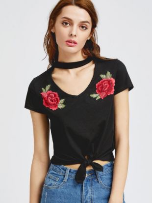 Cutout Choker Neck Rose Patch Knot T shirt