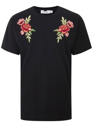 T shirt noir avec roses appliquées