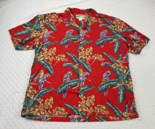 Paradise Found Mens L Button Front Red Parrots Print Hawaiian Shirt  | eBay
