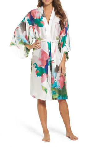 Water Lily Print Satin Wrap Robe