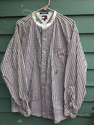 Tommy Hilfiger Striped Collarless Button up Shirt XL Red White Blue crest VTG | eBay