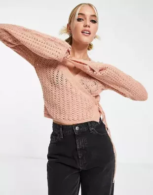 ballet wrap sweater in mixed pointelle stitch in pink