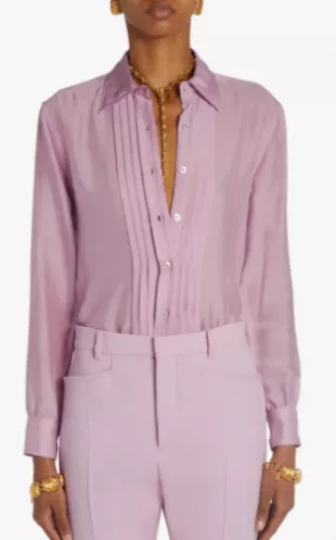 Pleated Silk Batiste Button-Up Shirt