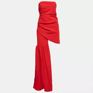 Red Taffeta Strapless Ruched Asymmetrical Mini Dress