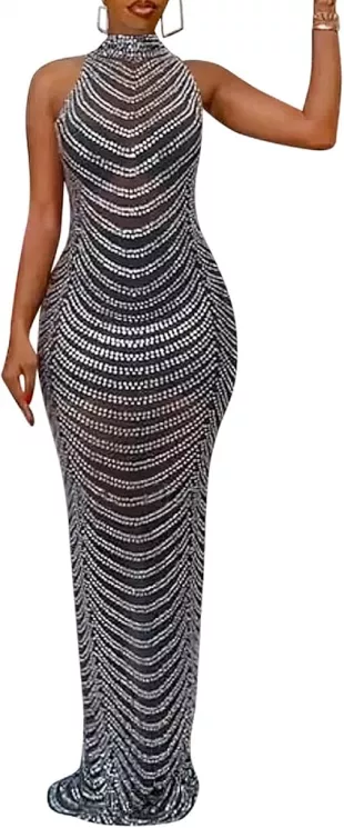 Women Sexy Rhinestone Bodycon Party New Years Turtleneck Club Nigth Gown