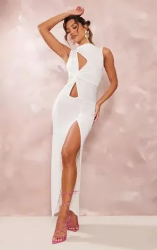 Pretty Little Thing - White Burnout Mesh Twist Detail Cut Out Maxi Dress