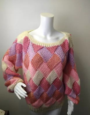 Vintage oversized Hand Knit Afghan Pastel Basket Weave Sweater